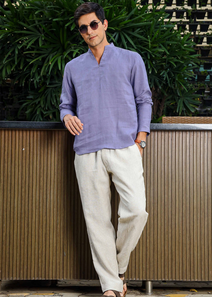 Arnav - Full Sleeve Broad-Notched Collar Pure Linen Short Kurta - Lavender Violet