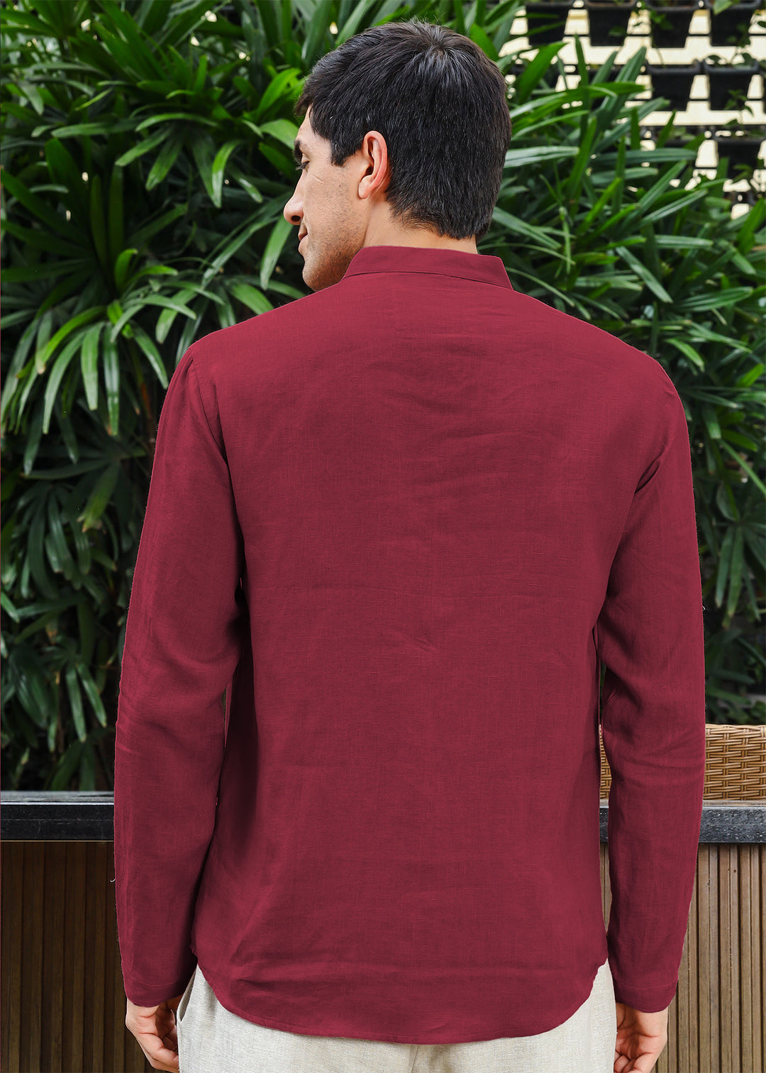 Arnav - Full Sleeve Broad-Notched Collar Pure Linen Short Kurta - Red Wine