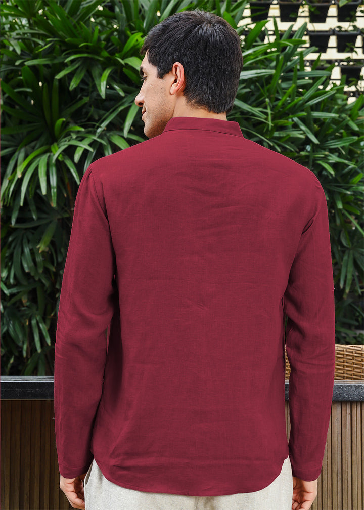 Arnav - Full Sleeve Broad-Notched Collar Pure Linen Short Kurta - Red Wine