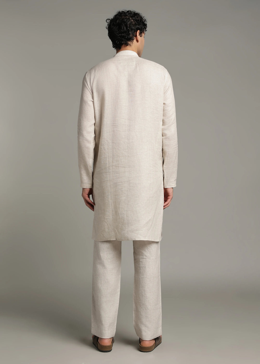 Taj - Pure Linen Long Kurta with Yolk Stitch Detail and Mother Of Pearl Buttons - Ecru