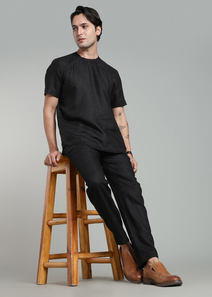 Drake - Pure Linen Trousers With Elastic Waist Band, Drawcord & Zipper - Black