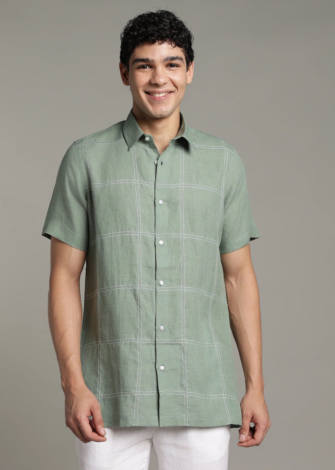 Mitch - Pure Linen Half Sleeve Stitch Detailed Checks Shirt - Spring Green
