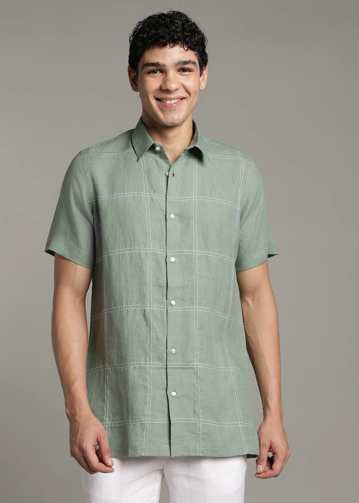 Mitch - Pure Linen Half Sleeve Stitch Detailed Checks Shirt - Spring Green