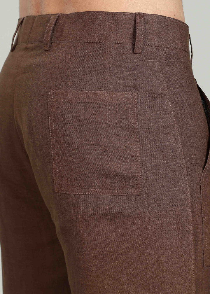 Noel Shorts - Pure Linen Shorts with Patch Pocket - Coffee Brown