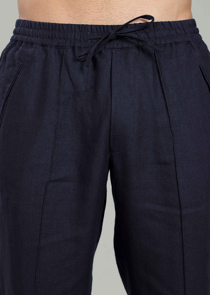 Art Pants - Pure Linen Elastic Casual Pants with Drawstrings - Regal Blue