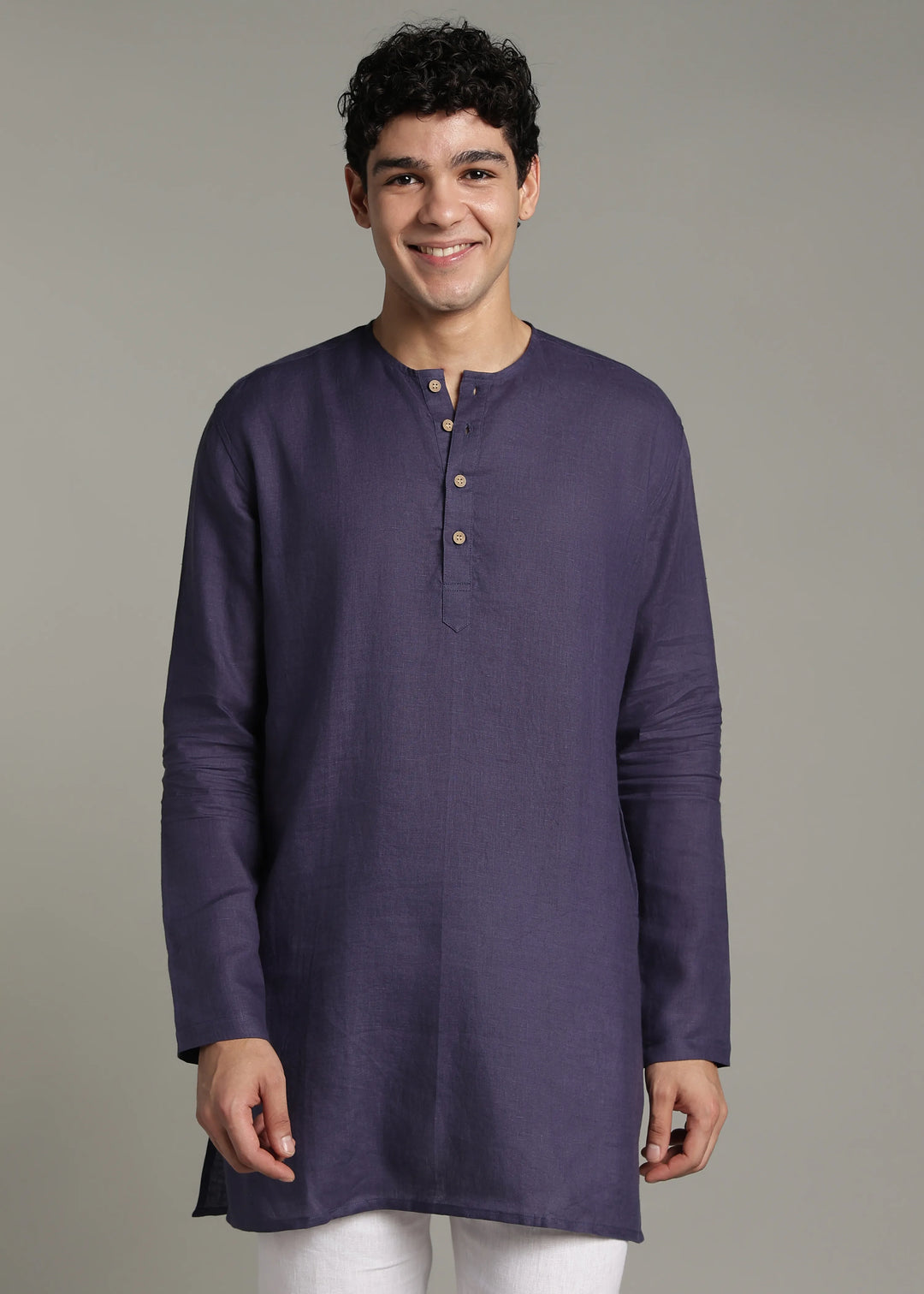 Zouq - Full Sleeve Collarless Pure Linen Mid Kurta  - Lapis Violet