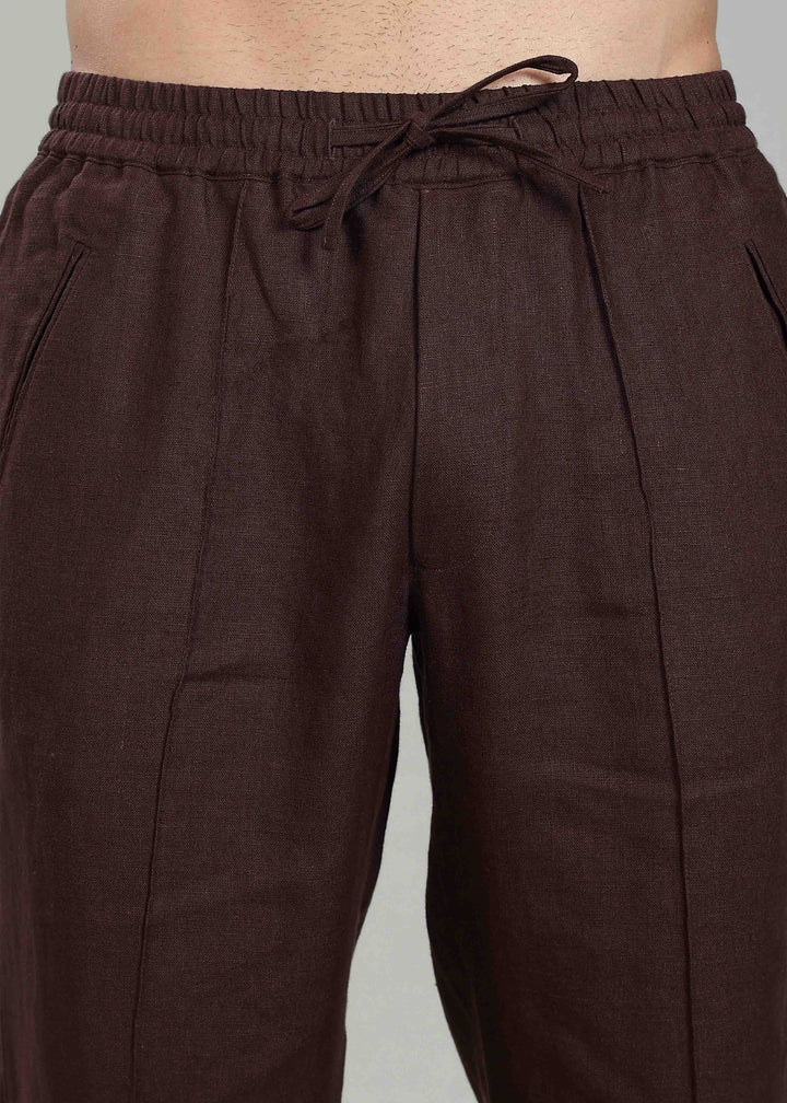 Art Pants - Pure Linen Elastic Casual Pants with Drawstrings - Cocoa Brown