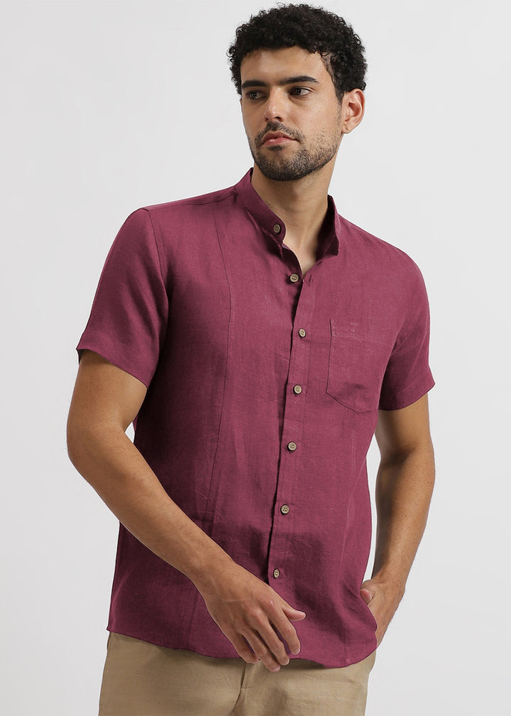 Trevor - Pure Linen Mandarin Collar Half Sleeve Shirt - Twilight Purple