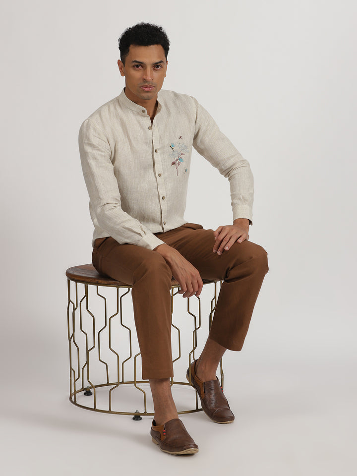 Wilson - Pure Linen Hand Embroidered Full Sleeve Shirt - Ecru