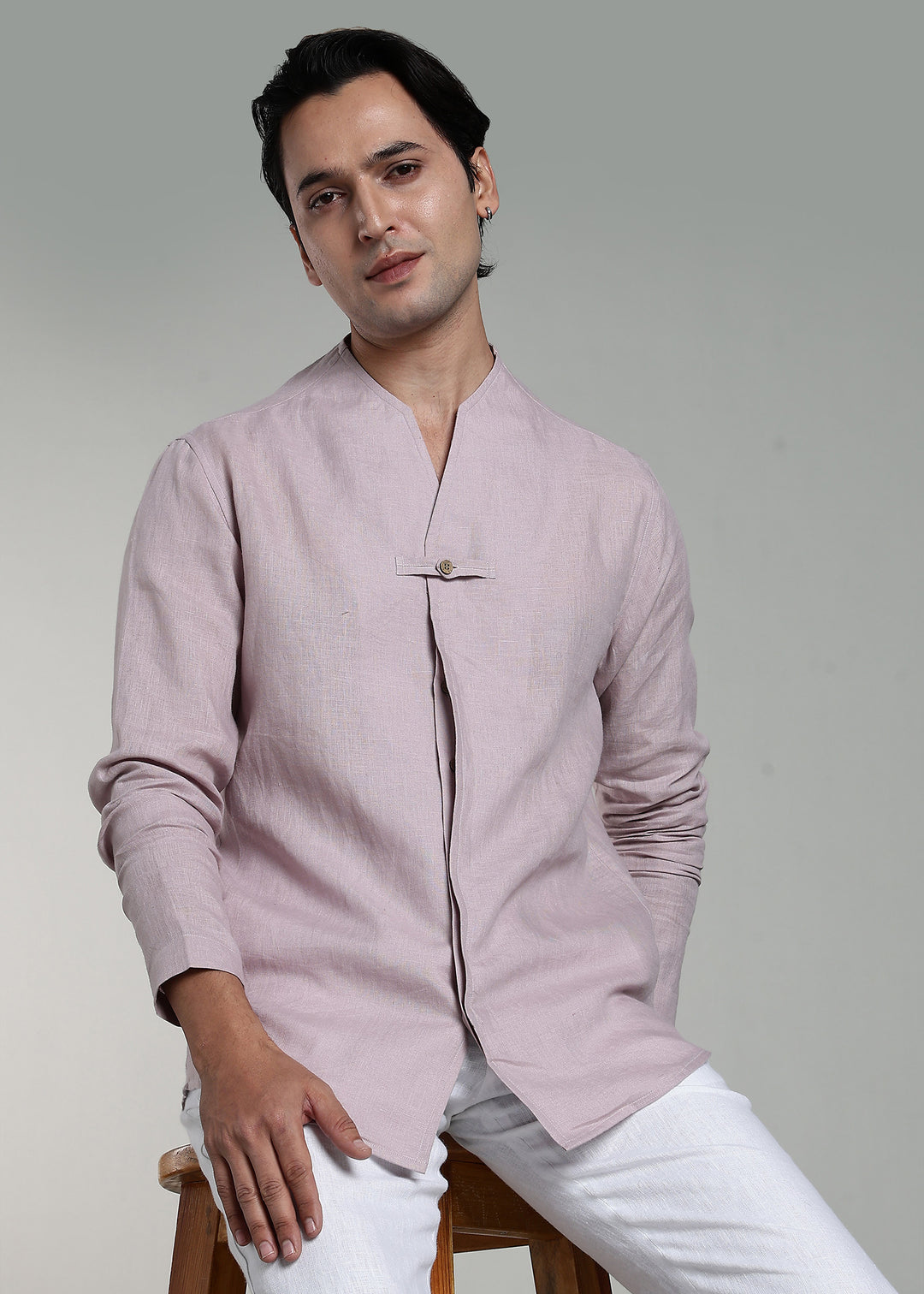 Reno - Pure Linen Full Sleeve Collarless Shirt  - Cameo Pink