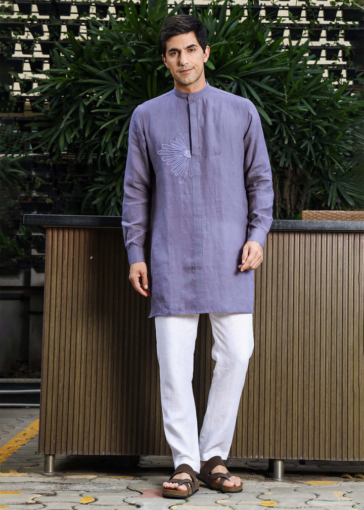 Yash Kurta - Pure Linen Kurta with Floral Embroidery | Lavender Violet