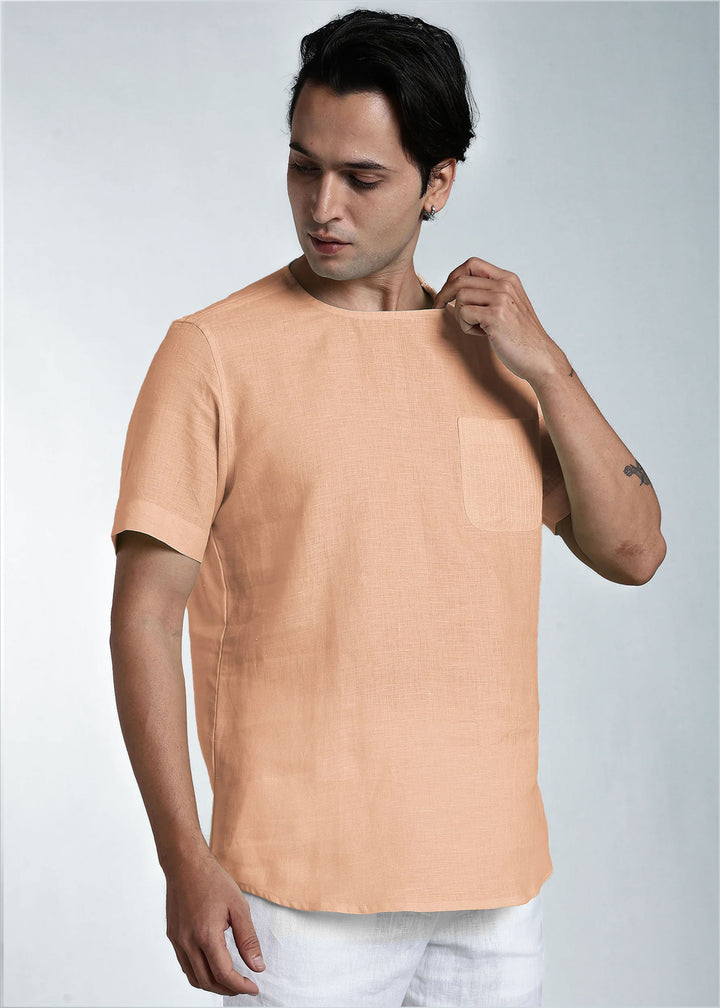 Simon - Pure Linen Stitch Detail Short Sleeve T-Shirt - Light Cinnamon