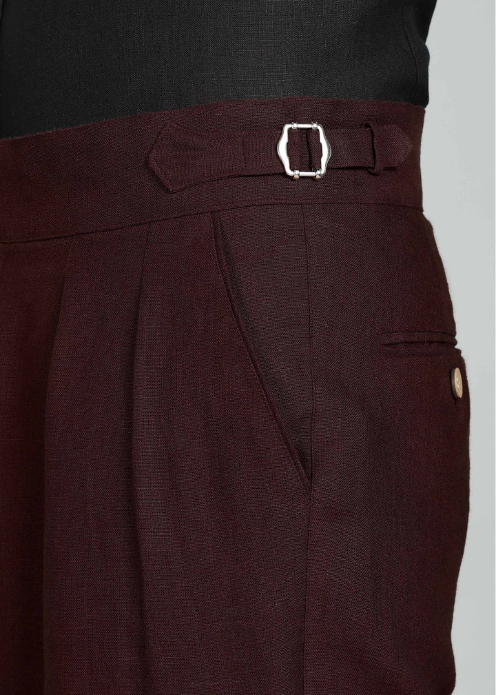 Wes Pants - Pure Linen Pleated Trousers with Adjustable Waistband - Cocoa Brown