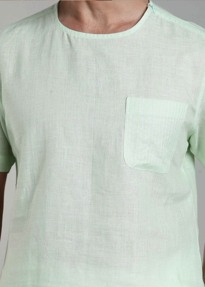 Simon - Pure Linen Stitch Detail Short Sleeve T-Shirt - Pastel Green