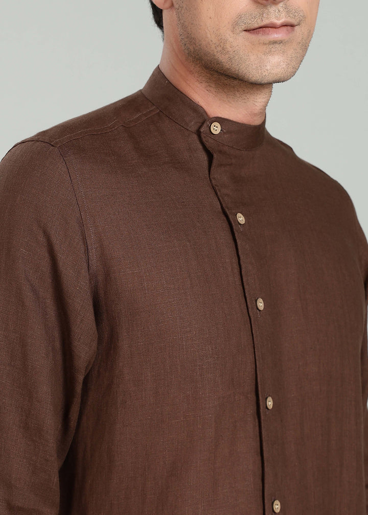 Floyd Shirt - Pure Linen Mandarin Collar Shirt - Coffee Brown