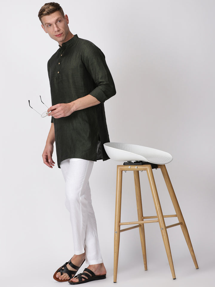 Parker - Full Sleeve Mandarin Collar Pure Linen Short Kurta - Forest Green