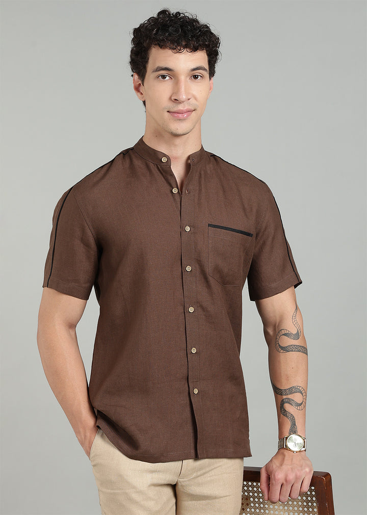 Enso - Pure Linen Half Sleeve Shirt - Coffee Brown
