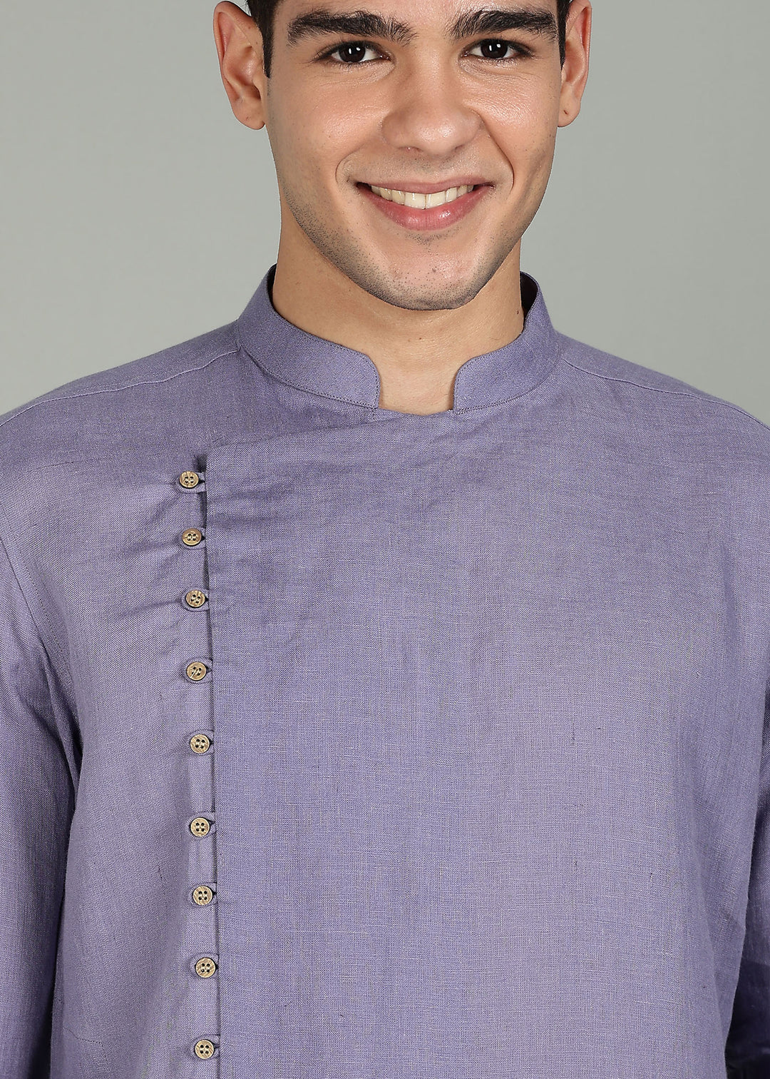 Vian Kurta Set - Pure Linen Full Sleeve Band Collar and White Kurta Pants- Lavender Violet & White
