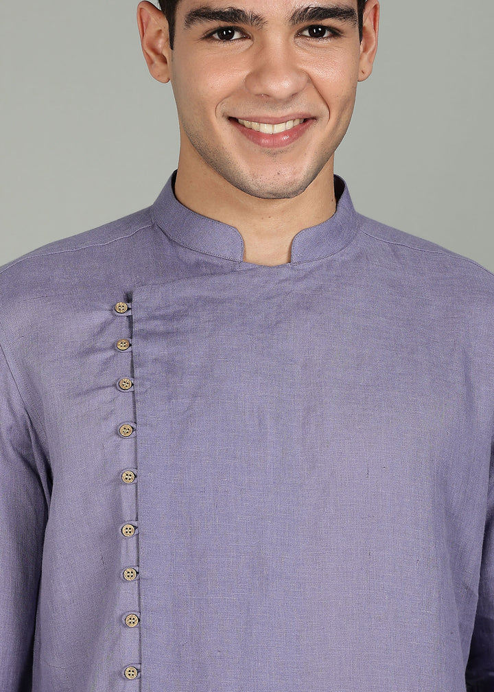 Vian Kurta Set - Pure Linen Full Sleeve Band Collar and White Kurta Pants- Lavender Violet & White