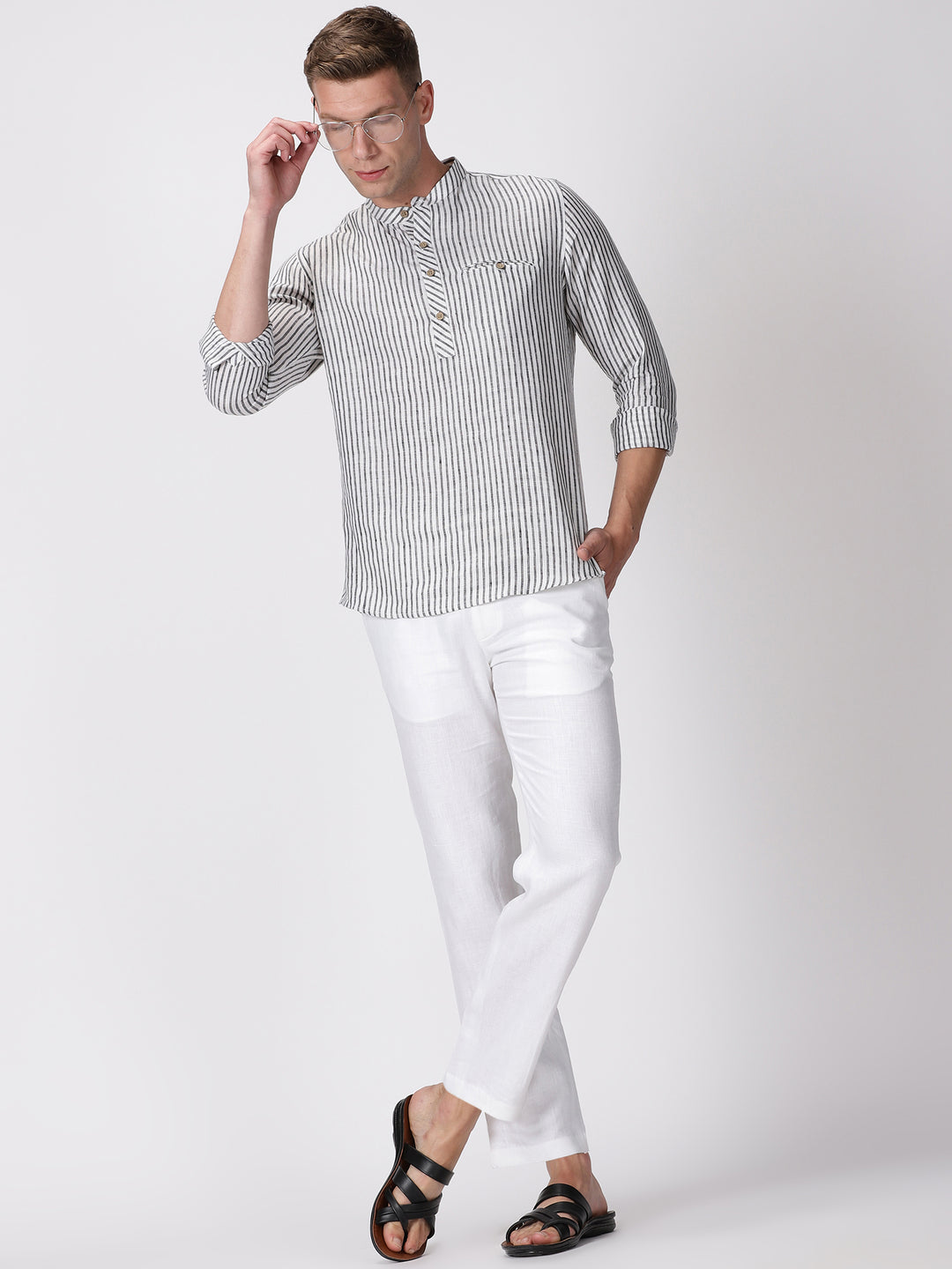 Zane - Pure Linen Striped Long Sleeve Shirt - Black & White