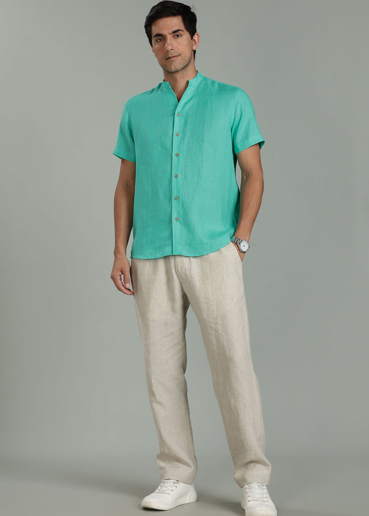 Craig - Pure Linen V Neck Short Sleeve Shirt - Spearmint Green