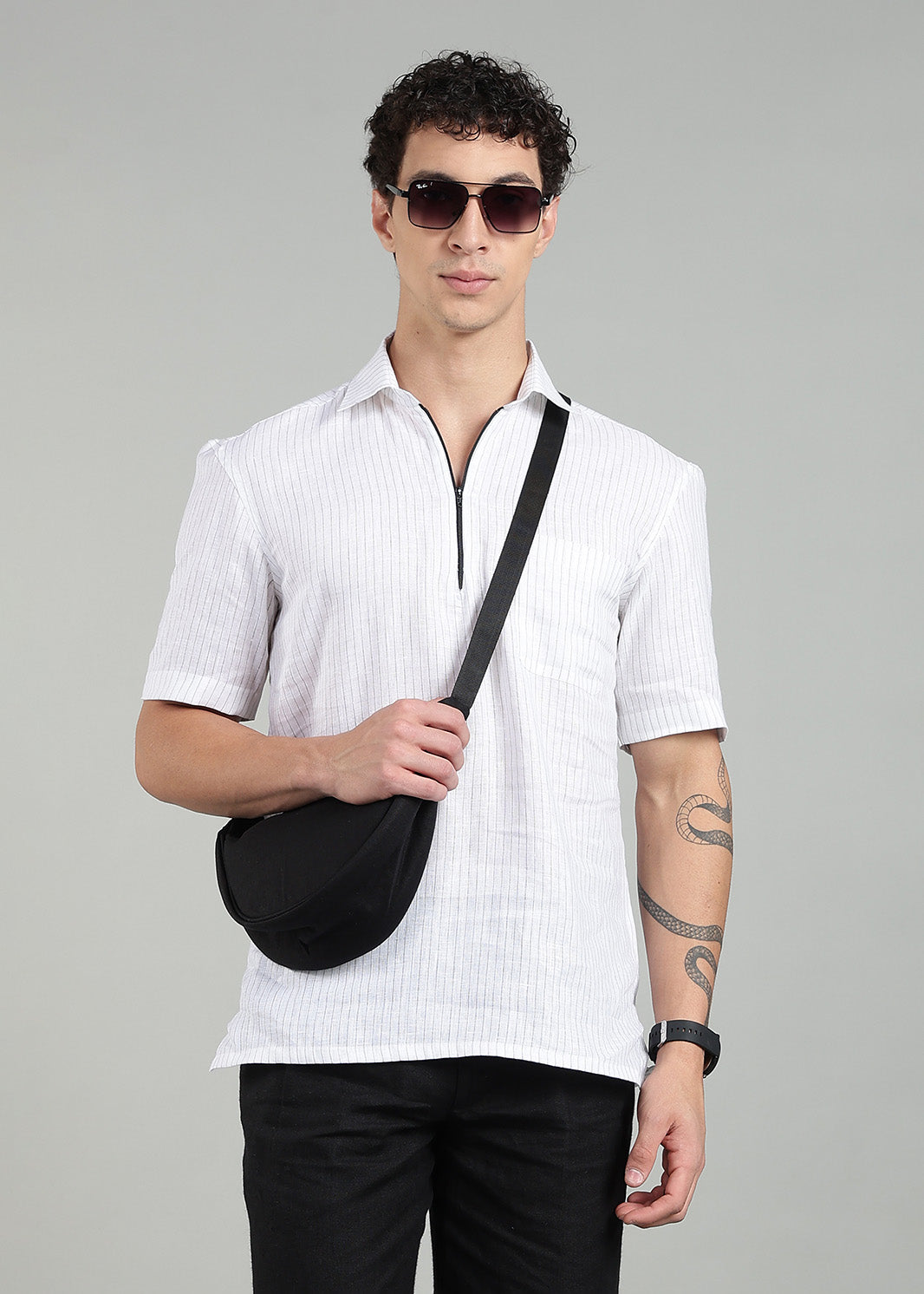 Mirage - Pure Linen Relaxed T-Shirt - Black Pinstripe