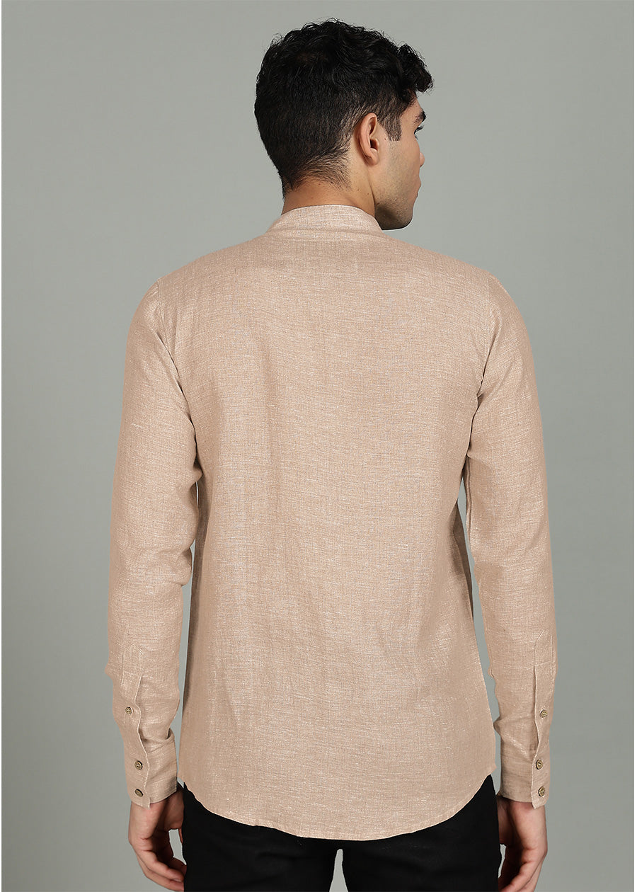 Flint - Pure Linen Shirt with Mandarin Collar & Trio Button Detail - Oakwood Brown