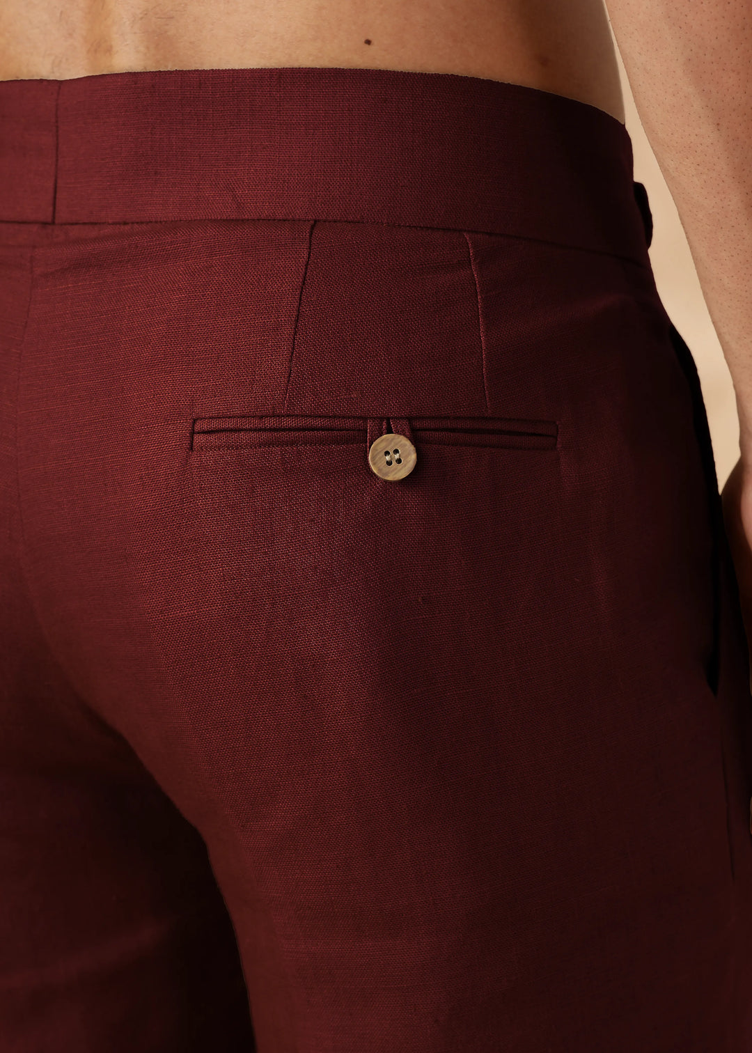 Foster - Pure Linen Trousers with Stylised Waistband - Dark Maroon