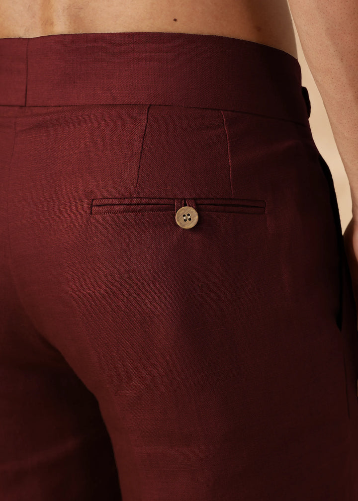 Foster - Pure Linen Trousers with Stylised Waistband - Dark Maroon