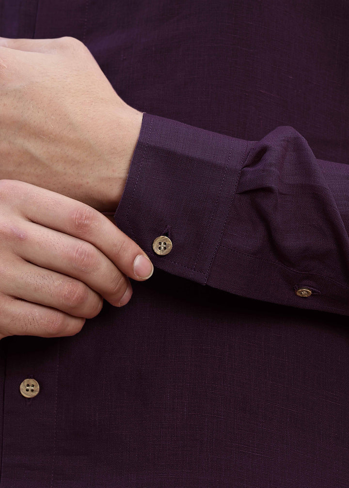 Ryan - Full Sleeve Band Collar Pure Linen Kurta with Pintuck Detailing - Dark Purple