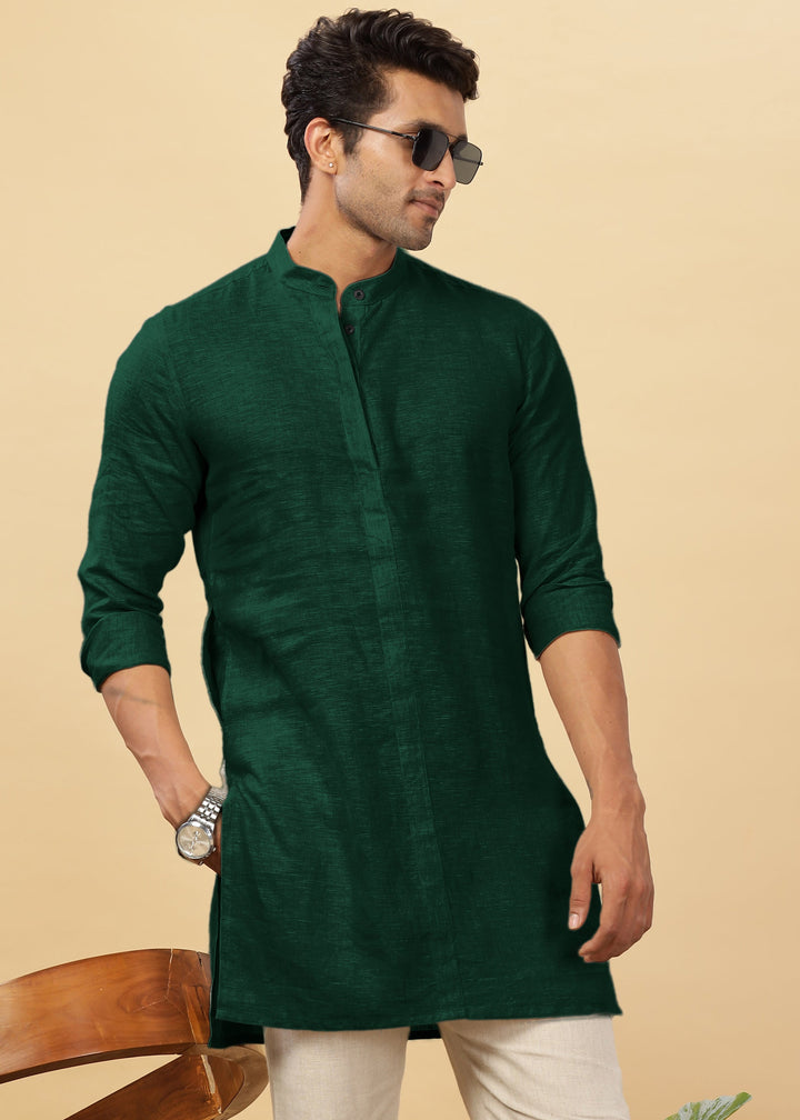 Sid Kurta - Pure Linen Kurta with Concealed Placket | Dark Pine Green