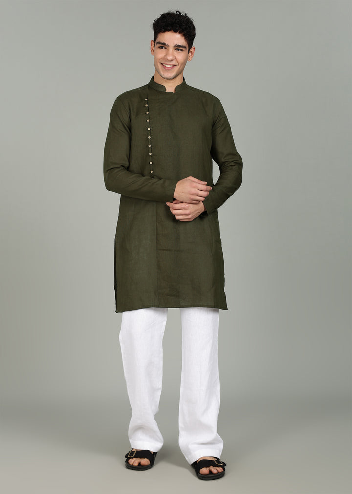 Man wearing a 100% Moss Green 60 lea Kurta, with placket detail, in a Grey  Background indoor.