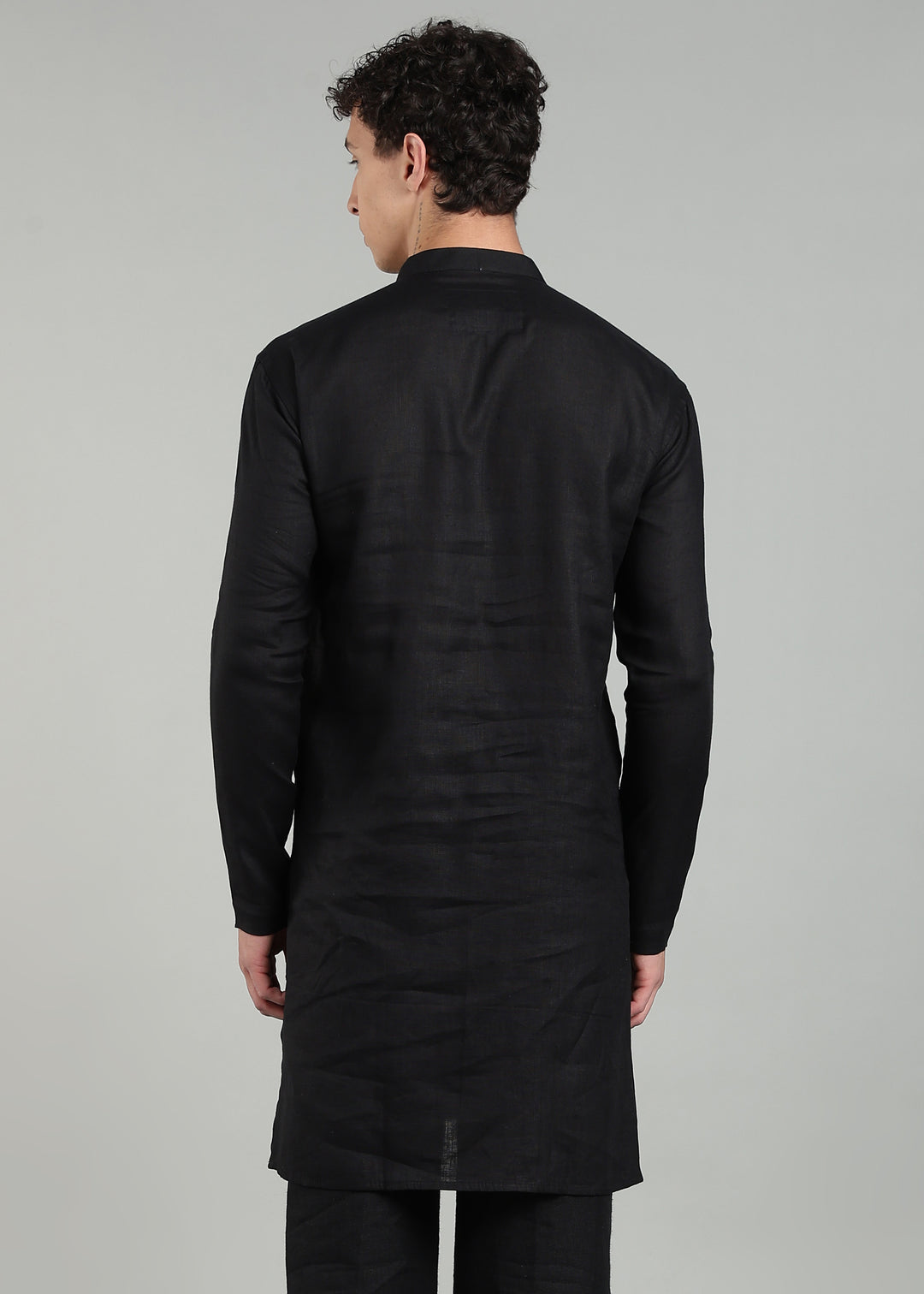 Gul - Pure Linen Mandarin Collar Regular Kurta - Black & Sap Green