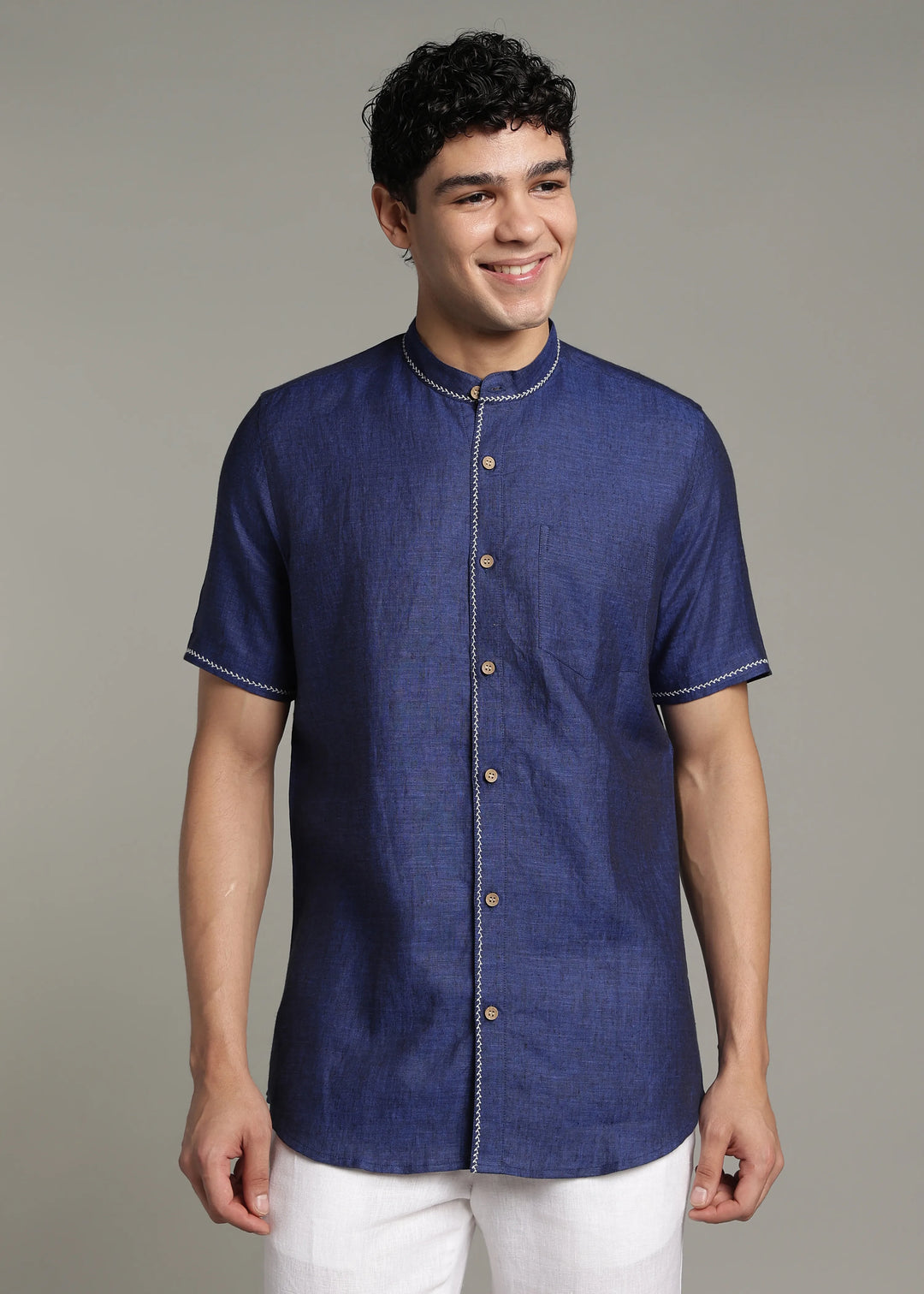 Oram - Pure Linen Half Sleeve Shirt - Prussian Blue