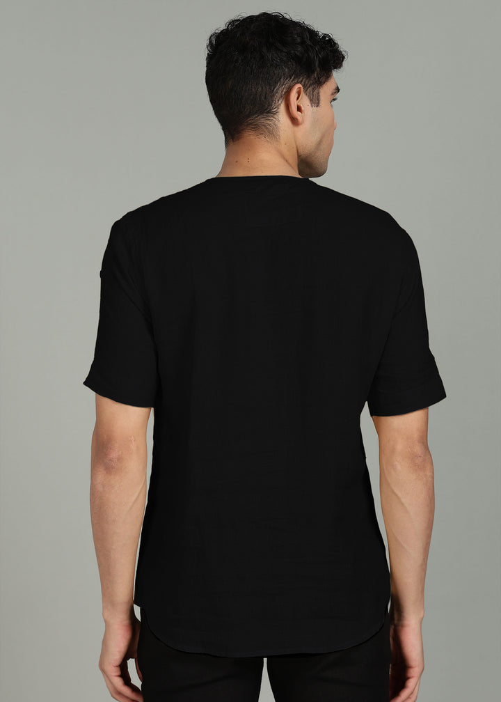 Arden - Pure Linen Button Detail T-Shirt - Black