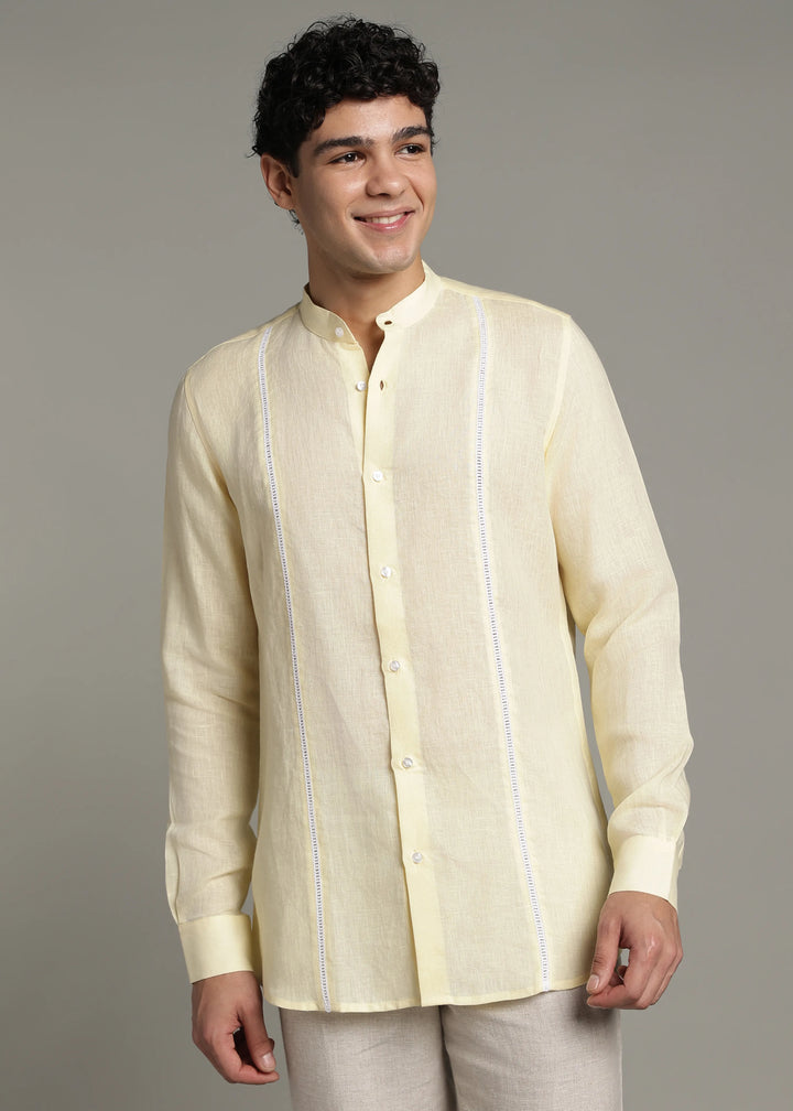 Zephr - Pure Linen Mandarin Collar Lace Detail Full Sleeve Shirt - Light Yellow