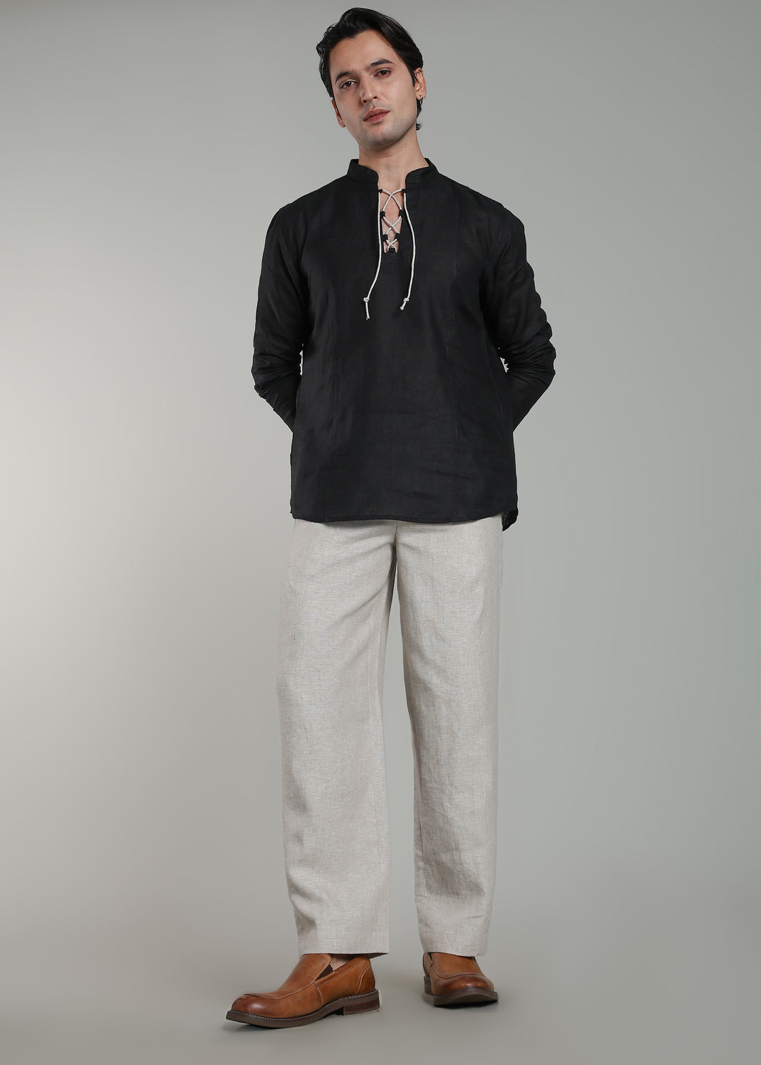 Kiaan - Pure Linen Short Kurta with Neck Tie Detail - Black