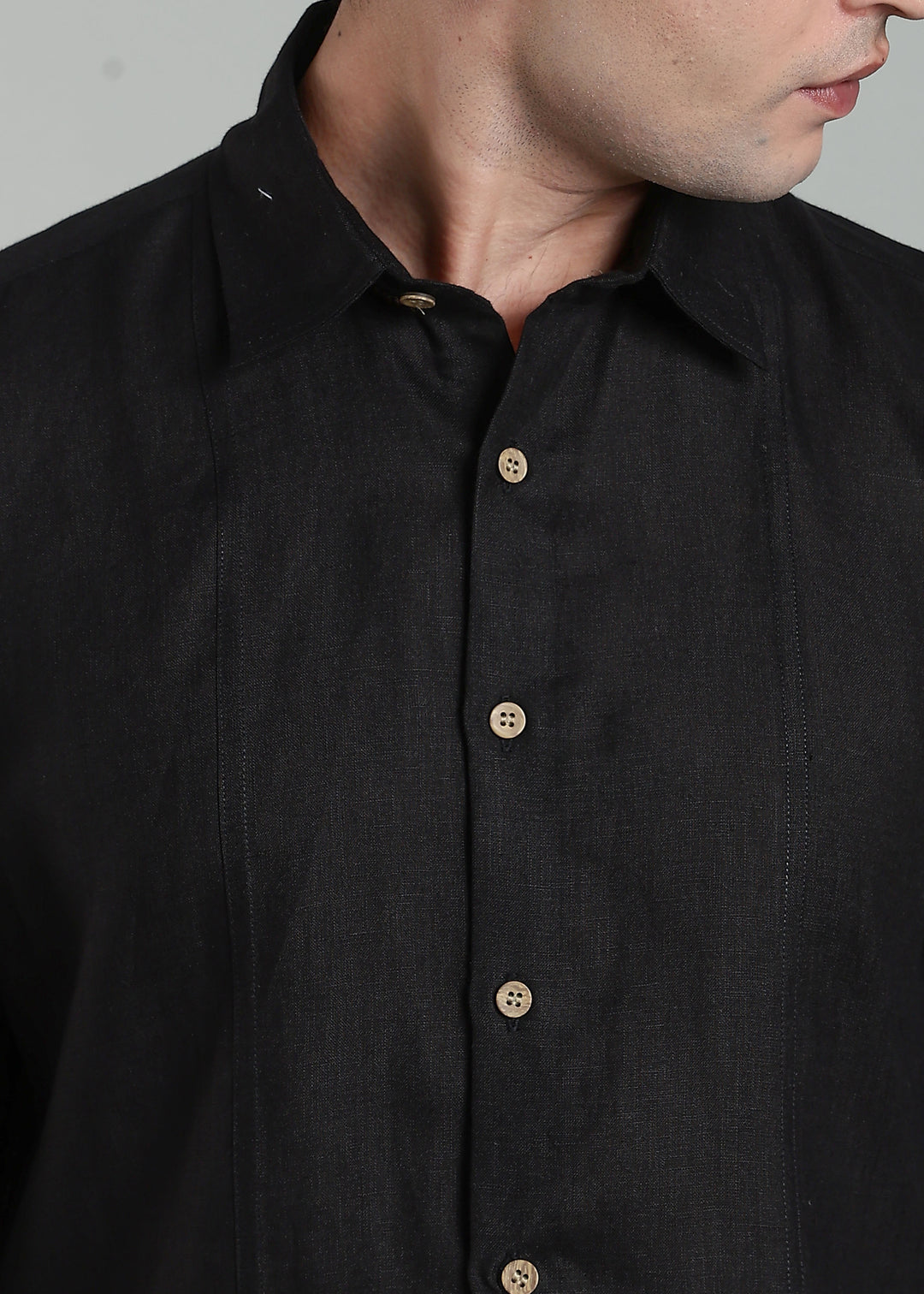 Caelyx - Pure Linen Full-Sleeve Shirt with Foldable Cuff Detail - Black