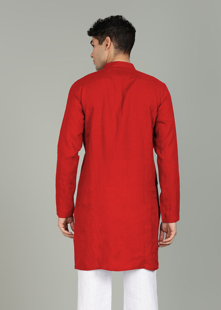 Vian - Full Sleeve Band Collar Pure Linen Kurta - Mud Red