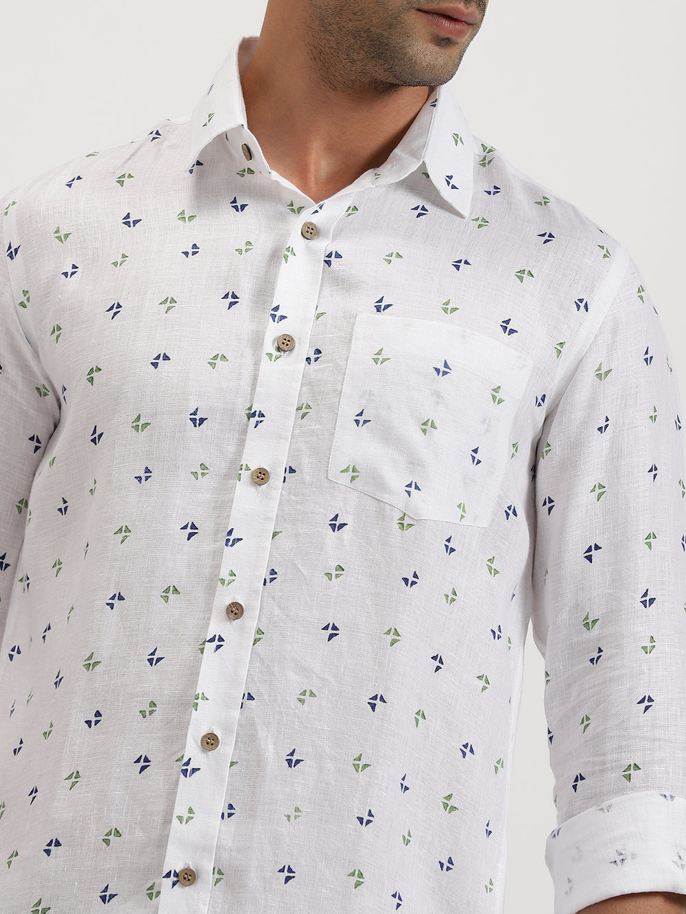Elies - Pure Linen Block Printed Full Sleeve Shirt - Navy & Green