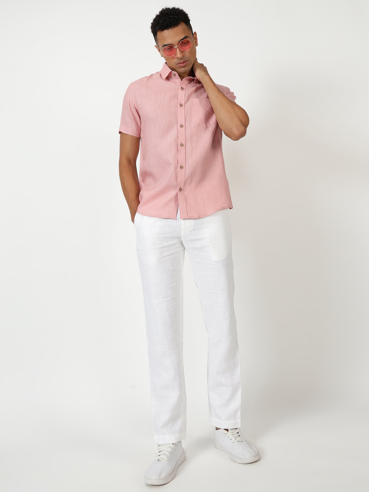 Coral Bliss Look | Salmon Pink Harvey Linen Shirt & Pure White Trousers