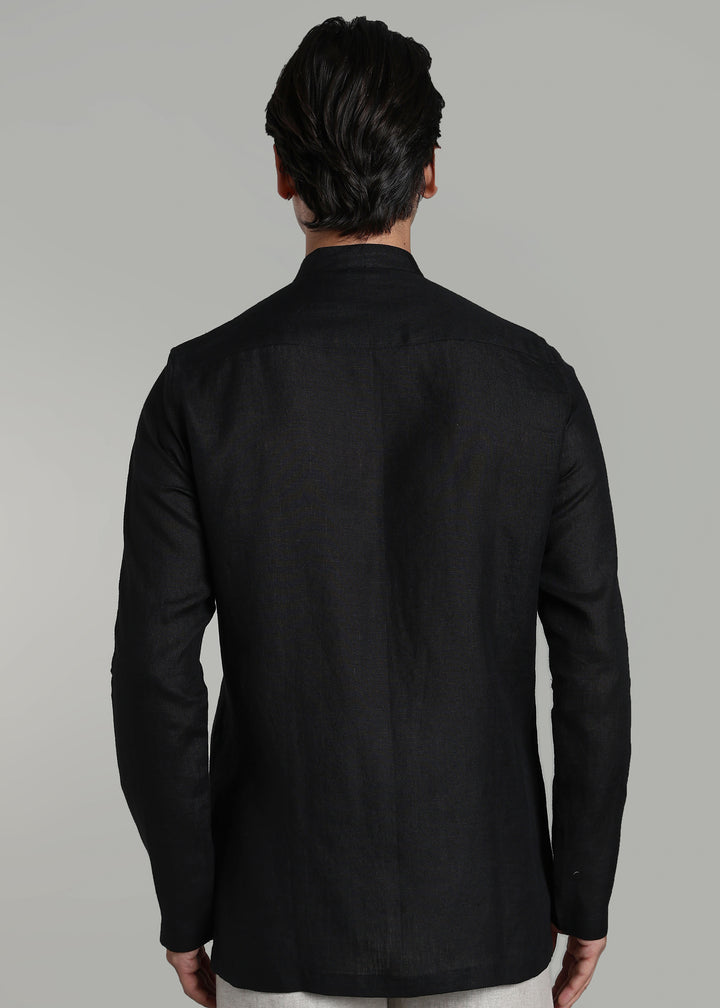 Advik - Pure Linen Short Kurta with Double Button and Loop Closure - Black