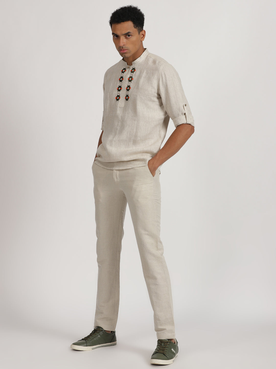 Kai - Pure Linen Embroidered Long Sleeve Shirt - Ecru