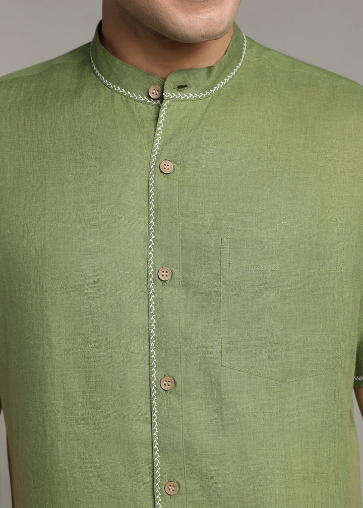 Oram - Pure Linen Half Sleeve Shirt - Cossack Green