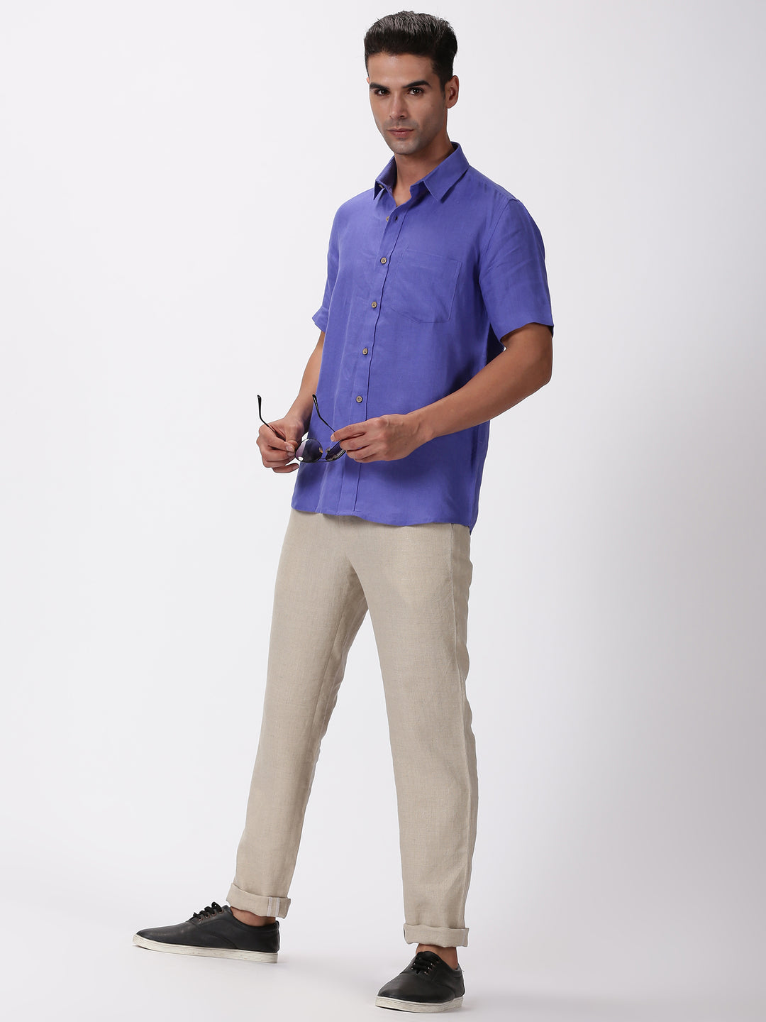 Kian - Pure Linen Regular Collar Half Sleeve Shirt - Iris Purple
