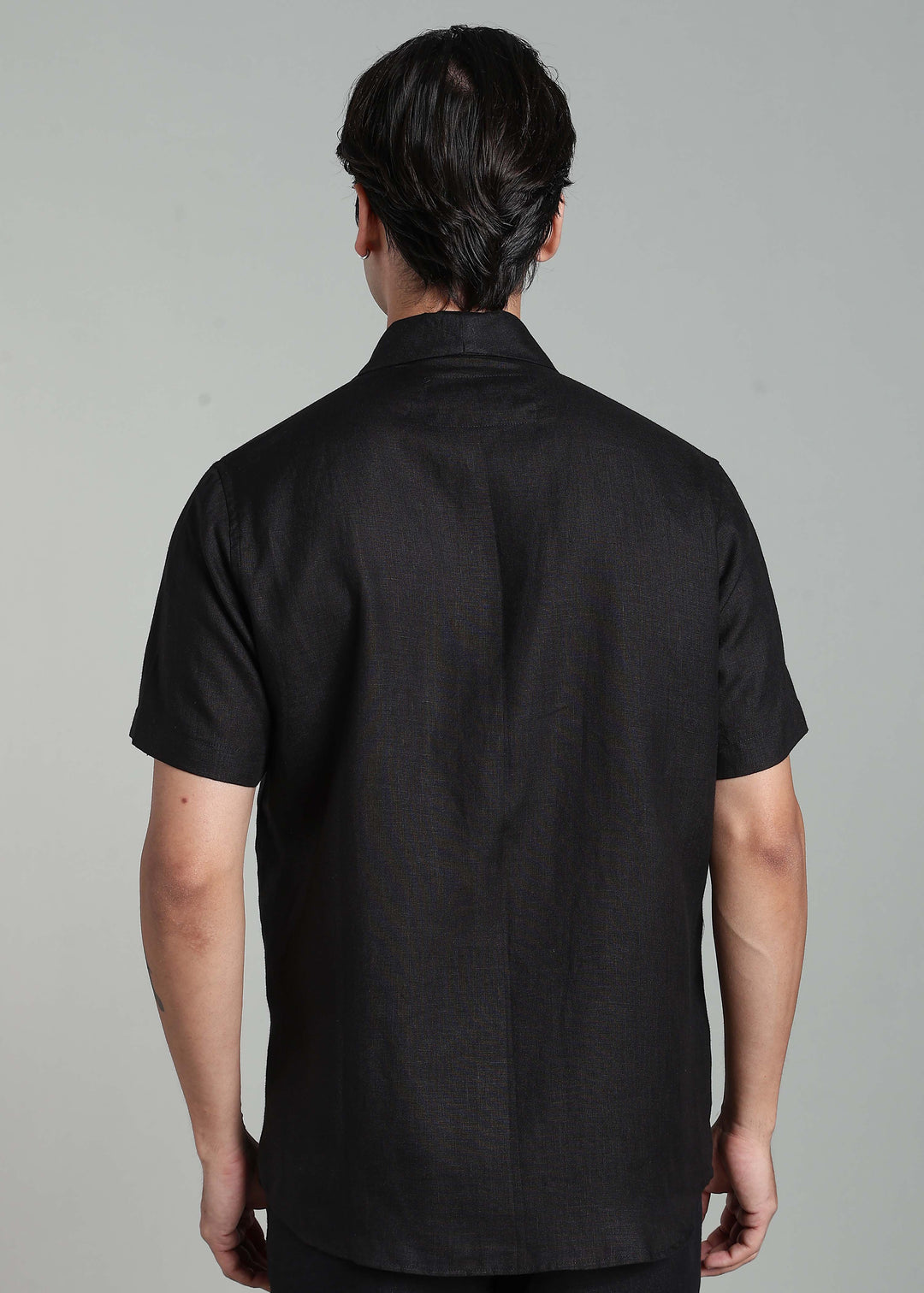 Cyrus - Pure Linen Half Sleeve Shawl Collar Shirt - Black