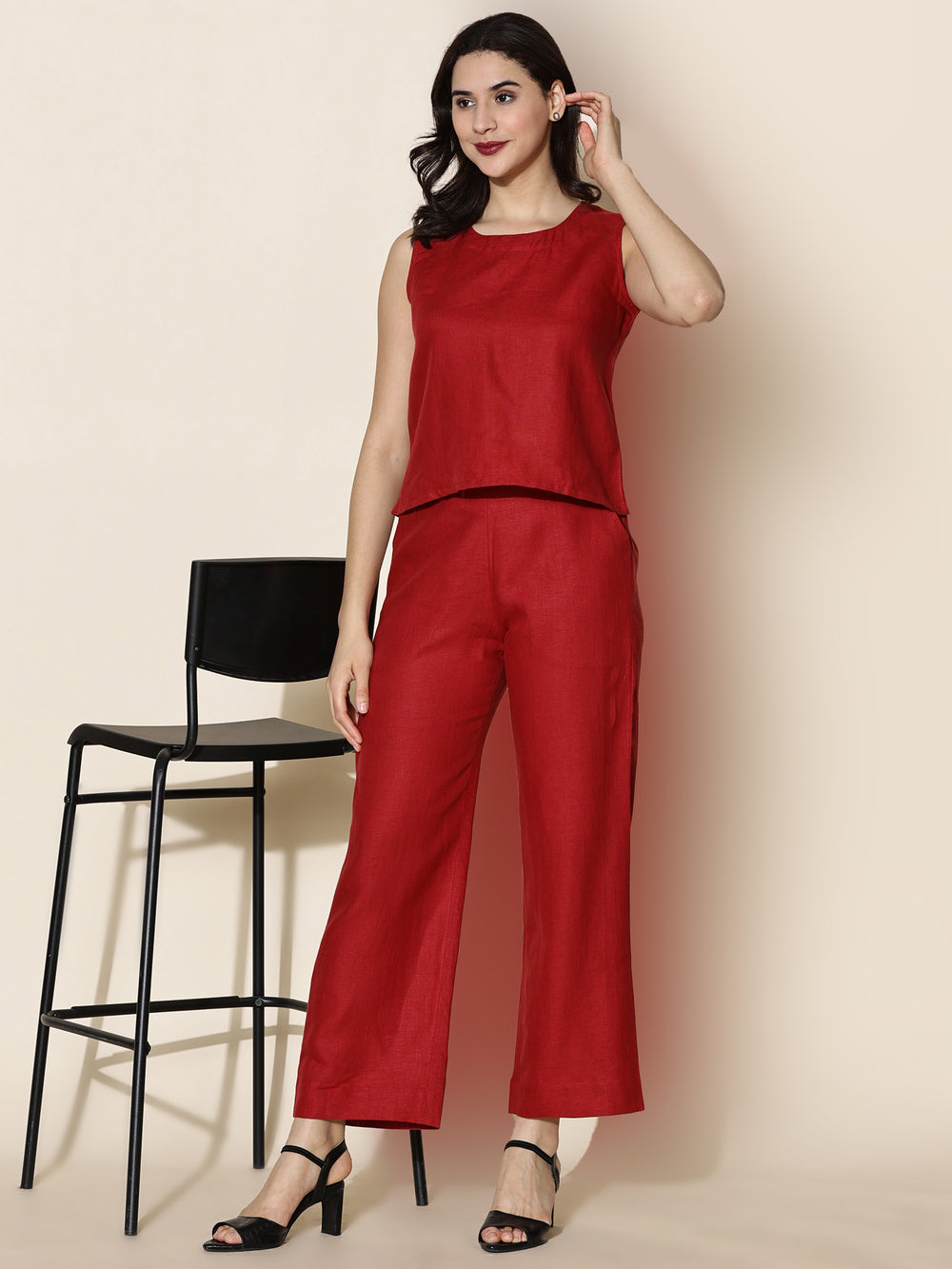 Mae - Pure Linen Sleeveless Co-ord Set - Mud Red