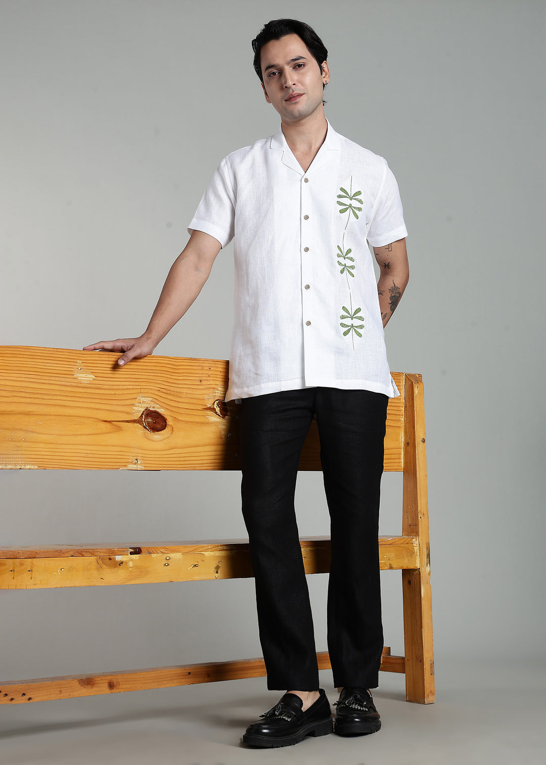 Bayu - Pure Linen Half Sleeve Cuban Collar Shirt with Dragonfly Embroidery - White