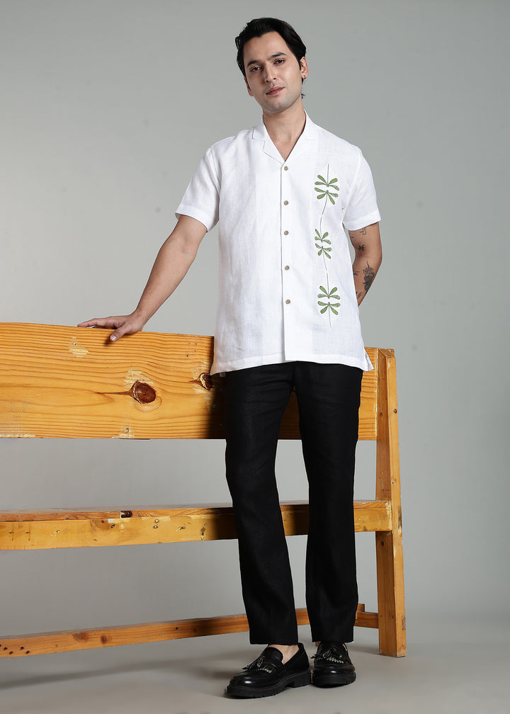 Bayu - Pure Linen Half Sleeve Cuban Collar Shirt with Dragonfly Embroidery - White