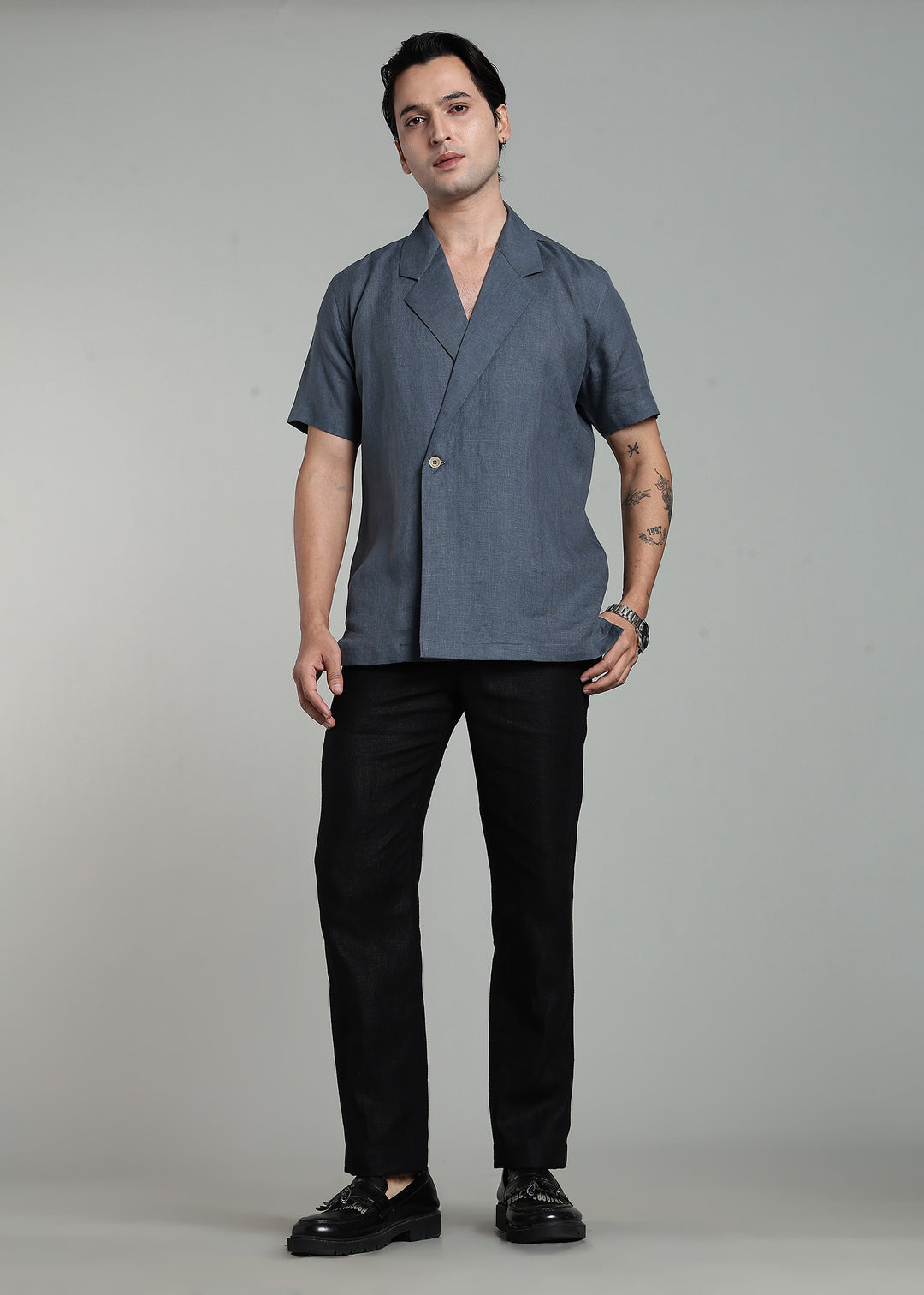Kaze - Pure Linen Half Sleeve Notch Lapel Shirt - Gunmetal Grey